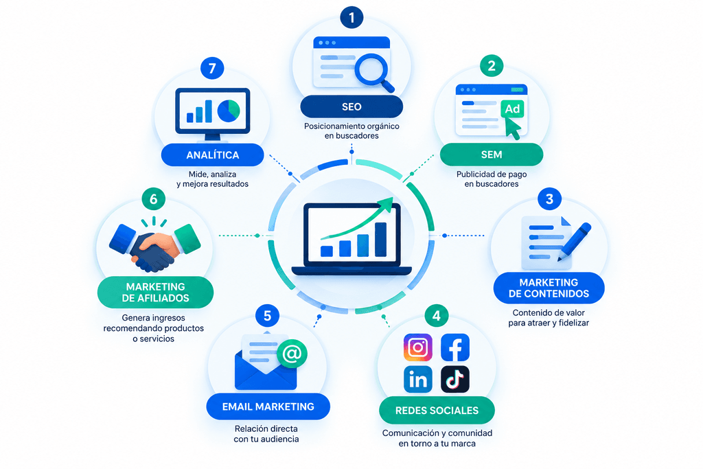 Infografía de los 7 pilares del marketing digital: SEO, SEM, marketing de contenidos, redes sociales, email marketing, marketing de afiliados y analítica.