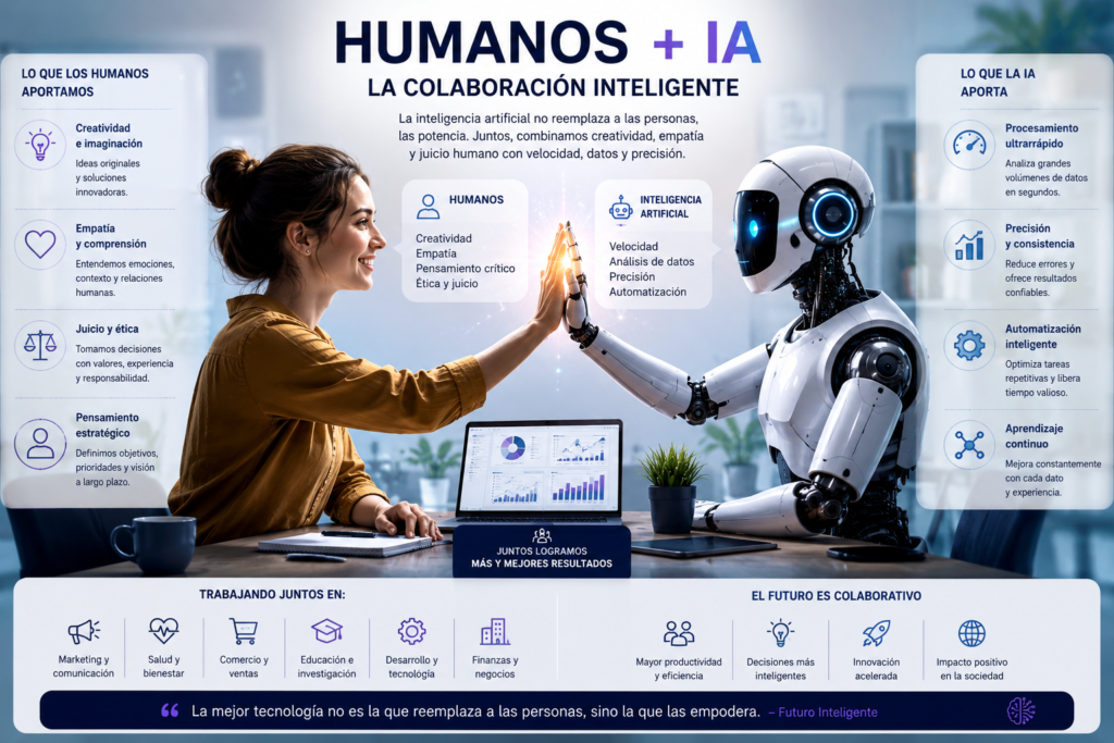 Colaboración entre una persona y un sistema de inteligencia artificial representada por una mujer y un robot interactuando.