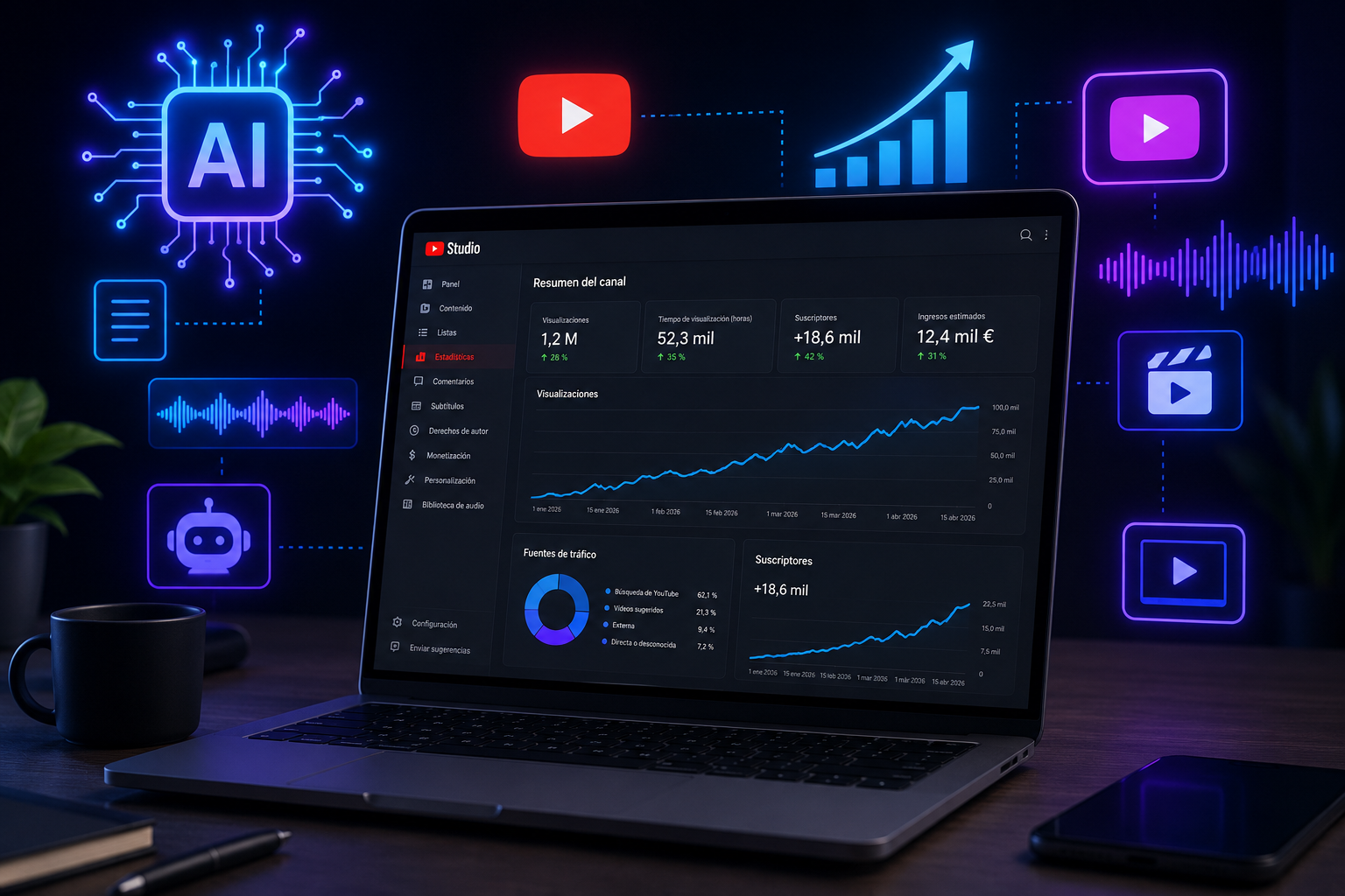 Canal de YouTube automatizado con inteligencia artificial mostrando métricas de crecimiento