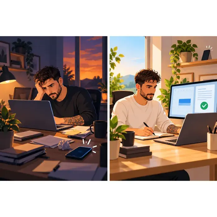 Ilustración del antes y el después de un consultor autónomo que pasa de trabajar cansado y con interrupciones a trabajar concentrado por la mañana