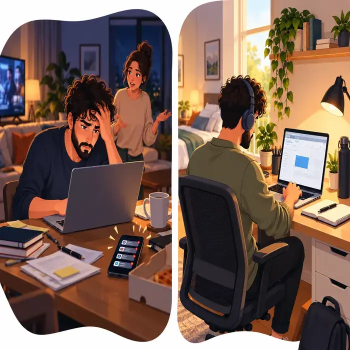 Antes y después de un teletrabajador que pasa de trabajar en el salón hasta tarde a tener un rincón propio, un horario y bloques de concentración