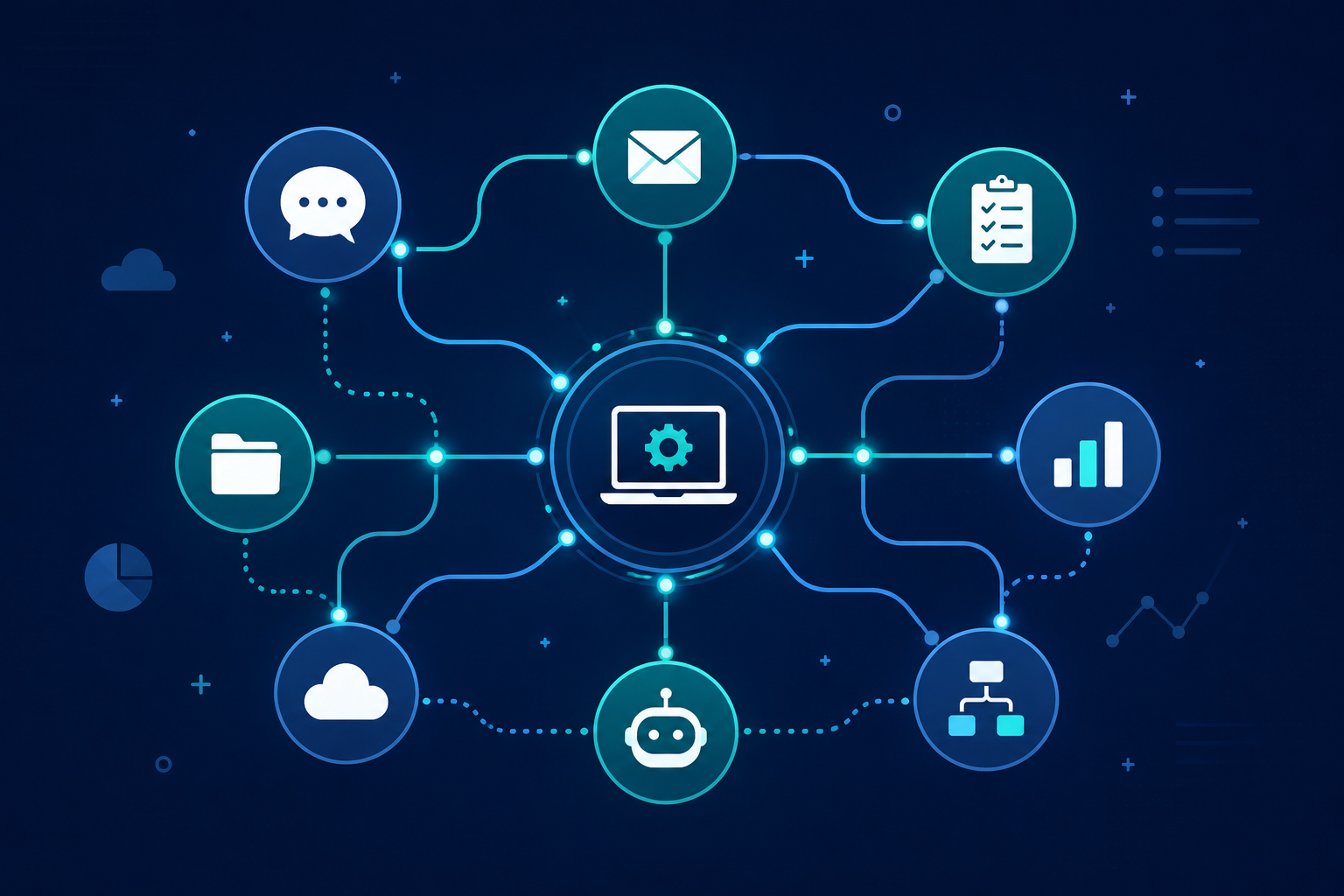 Ilustración de un ecosistema digital con herramientas conectadas entre sí representando organización, automatización e inteligencia artificial