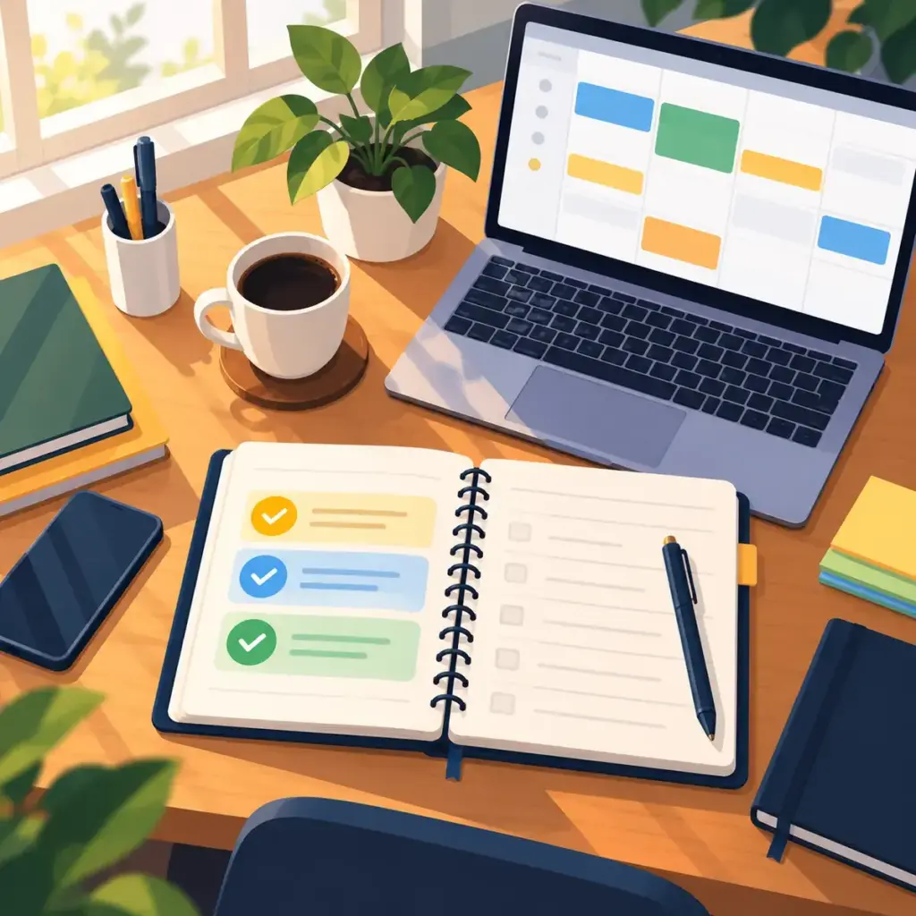 Escritorio ordenado con una agenda con tres prioridades marcadas y un calendario con bloques de tiempo, ilustrando cómo organizar tu día para ser más productivo