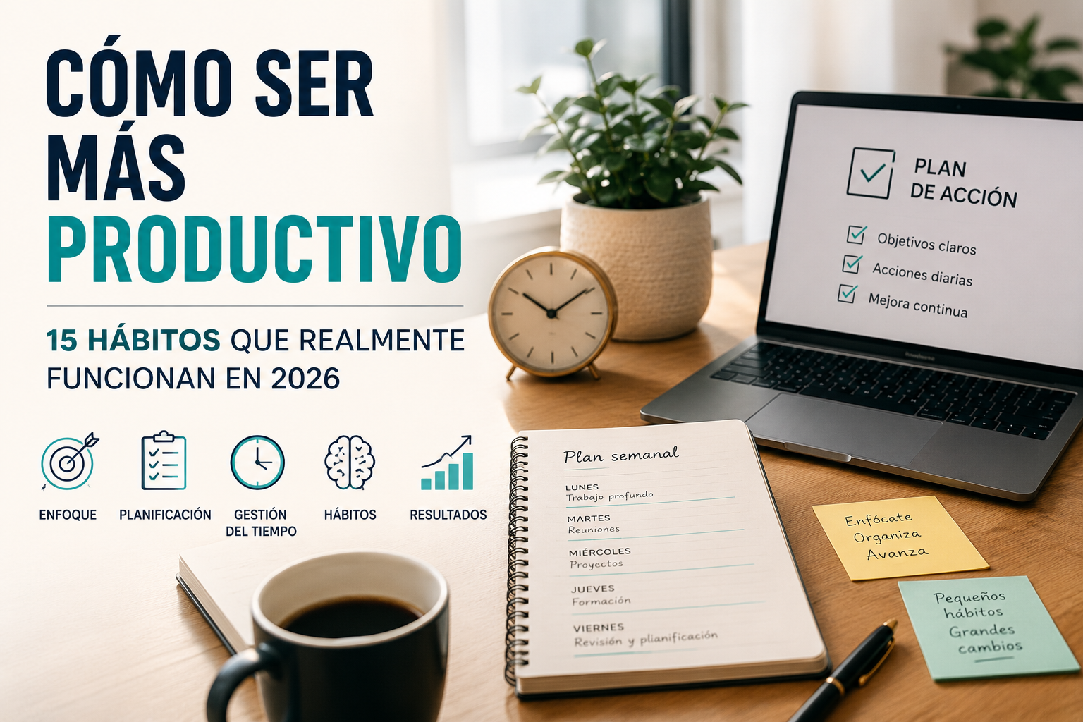 Imagen de un escritorio organizado con portátil, agenda semanal y café, ilustrando los hábitos y técnicas de productividad que ayudan a gestionar mejor el tiempo y trabajar de forma más eficiente en 2026.
