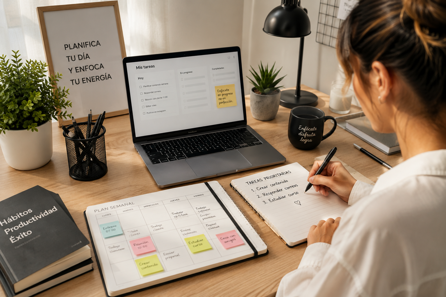Persona planificando sus tareas en un escritorio organizado con agenda y portátil, aplicando hábitos de productividad para gestionar mejor el tiempo y trabajar de forma más eficiente en 2026.