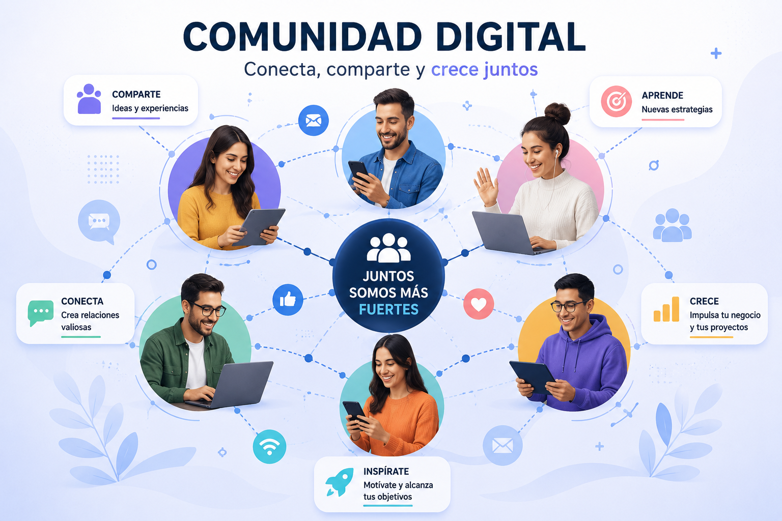 Personas conectadas a través de una comunidad digital compartiendo información y conocimiento.