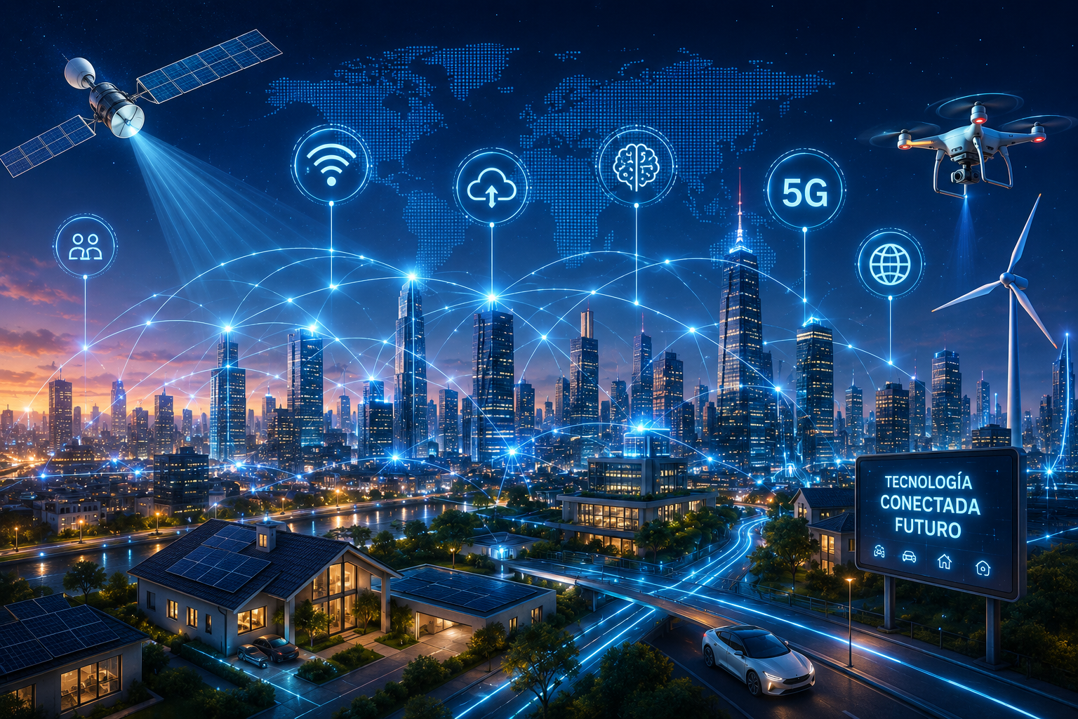 Ciudad inteligente conectada mediante redes digitales, satélites y tecnologías de comunicación avanzadas.
