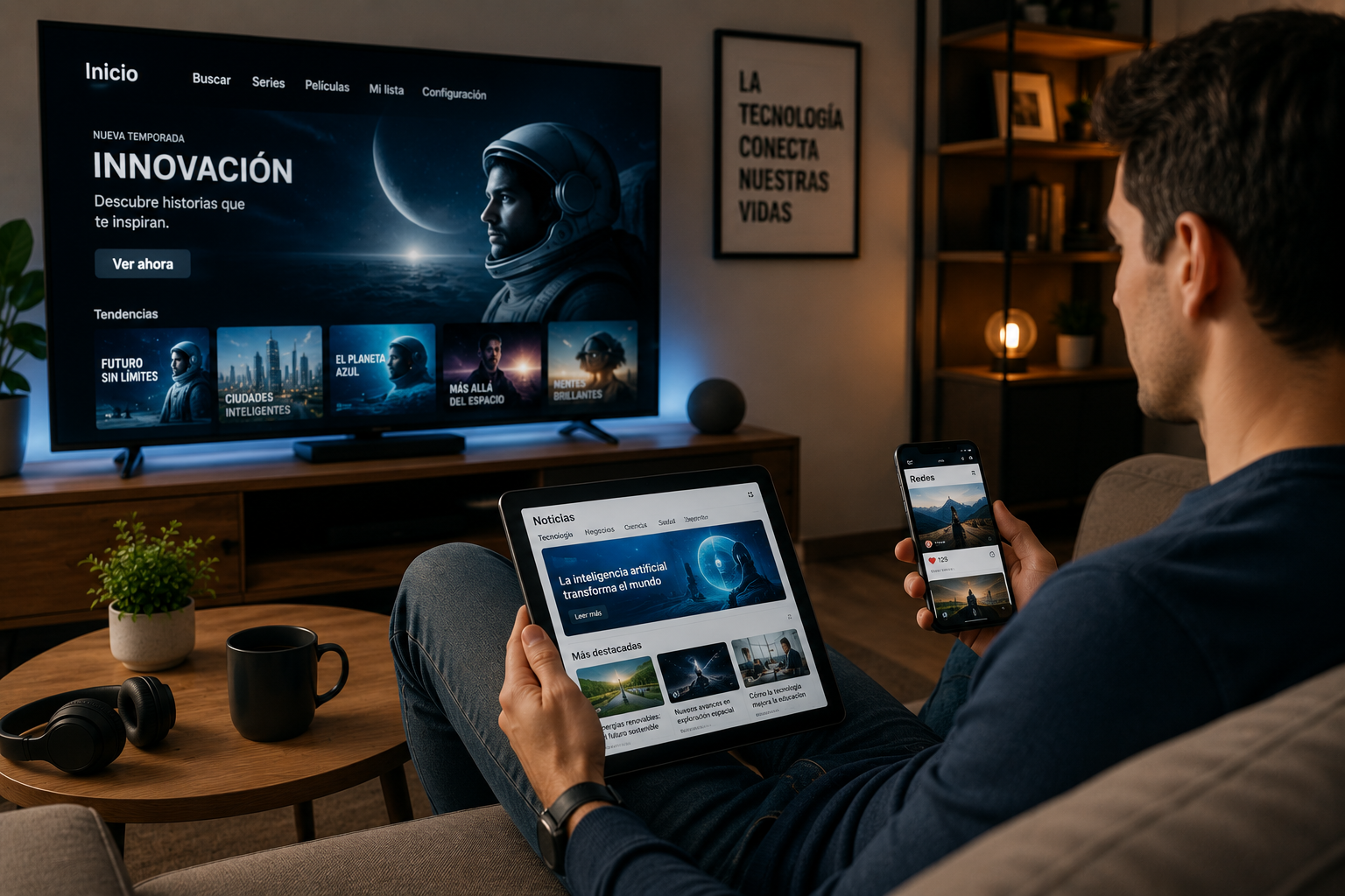 Persona consumiendo contenido digital en smart TV, tablet y teléfono móvil.