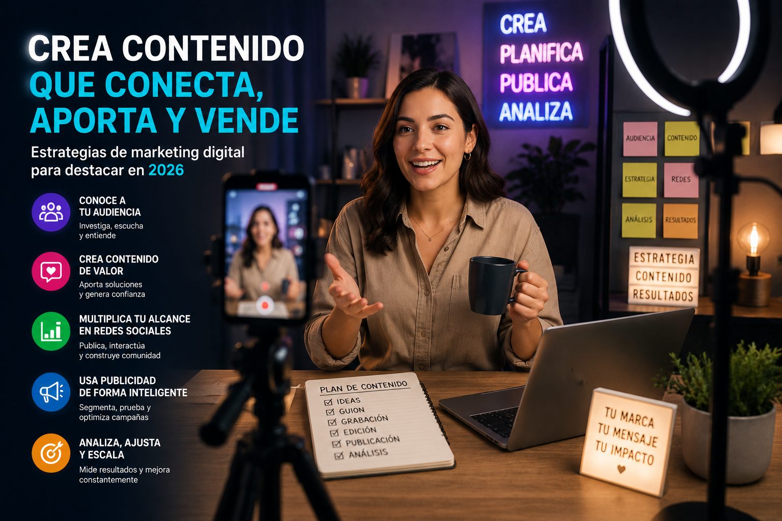 Creadora de contenido grabando un vídeo con smartphone para redes sociales y marketing digital.