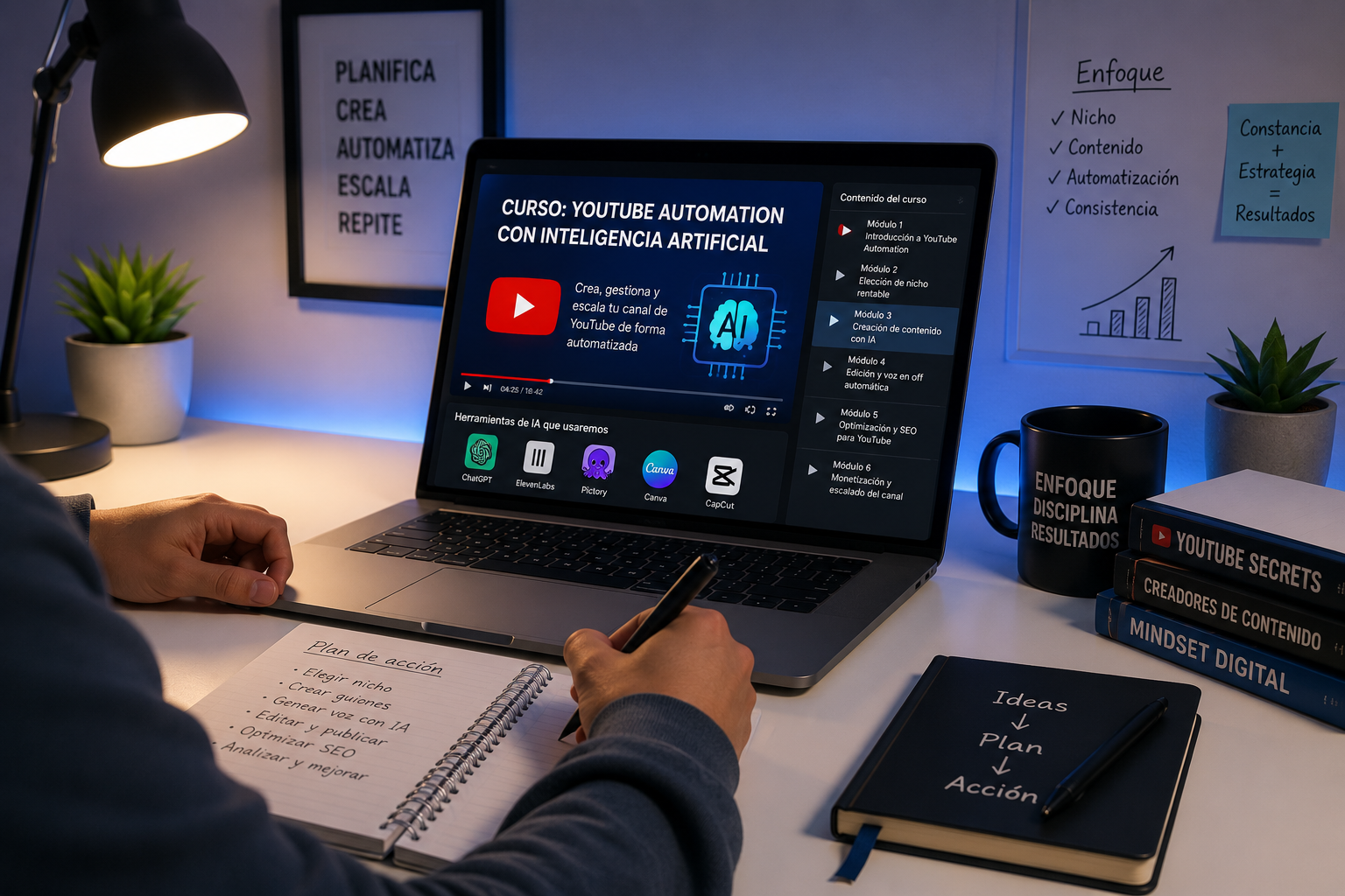 Persona aprendiendo a automatizar un canal de YouTube con inteligencia artificial mediante un curso online