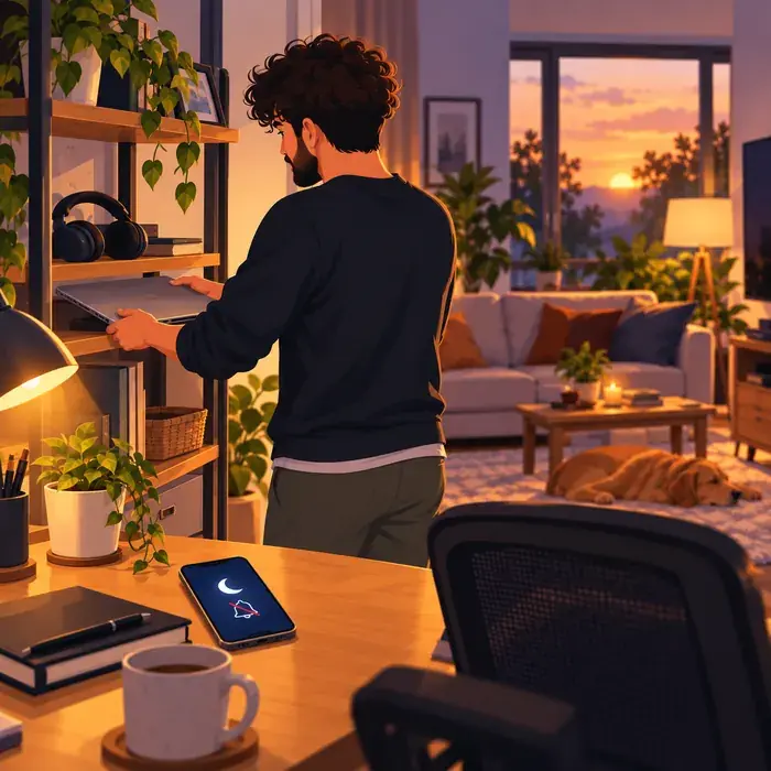 Persona cerrando el portátil y silenciando las notificaciones del trabajo para desconectar al terminar la jornada en casa