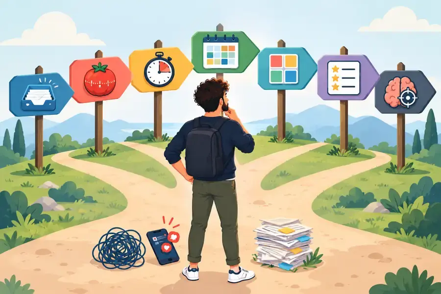 Persona ante varias señales con iconos de métodos de productividad, eligiendo el que mejor resuelve su problema