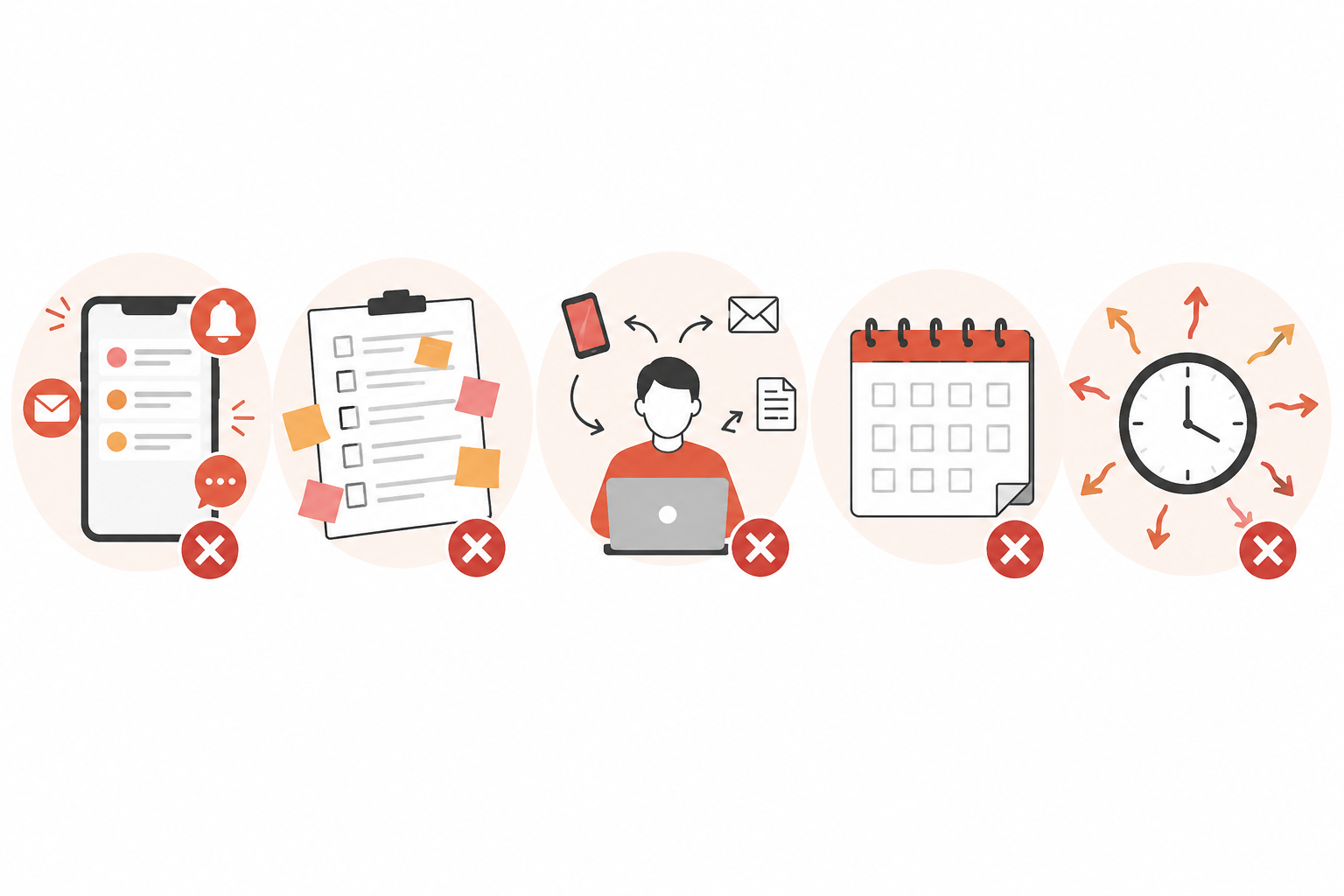 Ilustración con los cinco errores más frecuentes que reducen la productividad: móvil, multitarea, falta de plan, sin prioridades y mala gestión del tiempo
