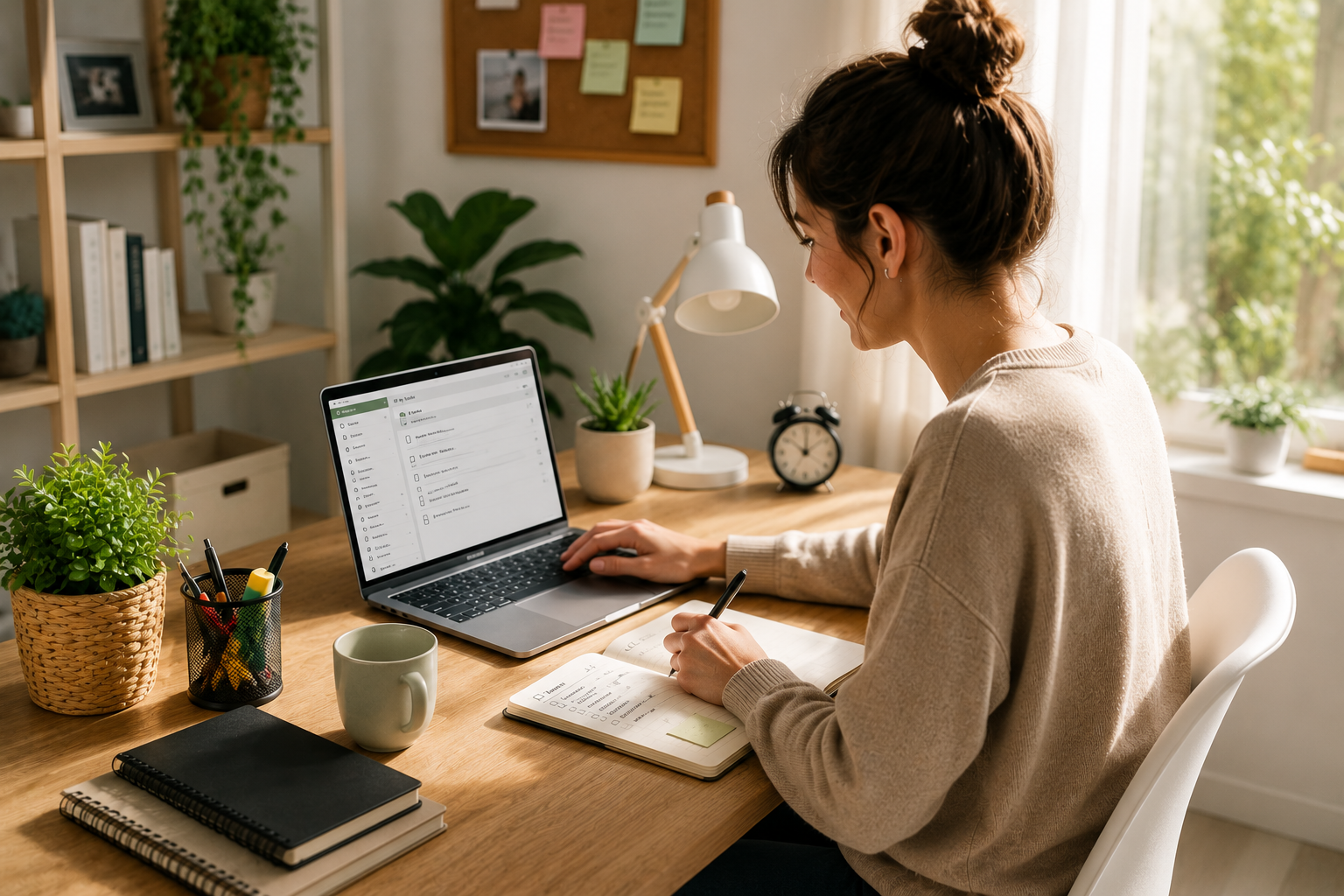 Persona trabajando desde casa en un escritorio ordenado y bien iluminado para mejorar su productividad.