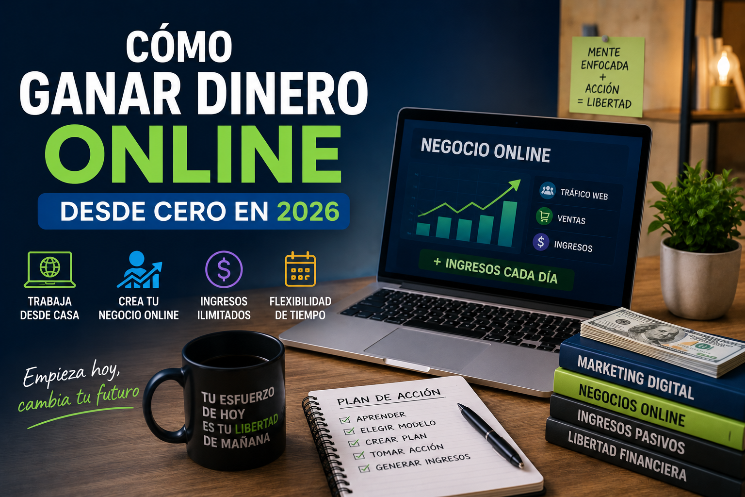 Persona trabajando en un negocio online desde casa con ordenador y gráficos de crecimiento.