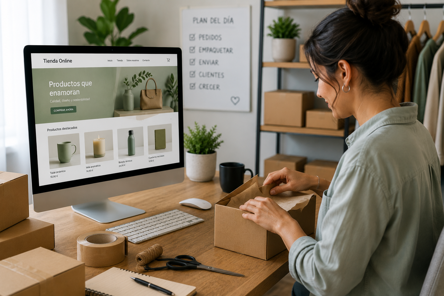 Persona preparando pedidos para una tienda online mientras gestiona ventas desde el ordenador.