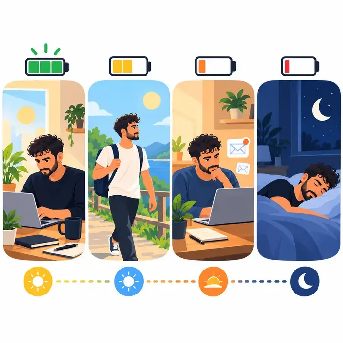 Ilustración de una jornada con iconos de batería que muestran cómo varía la energía y qué tipo de tarea encaja en cada momento