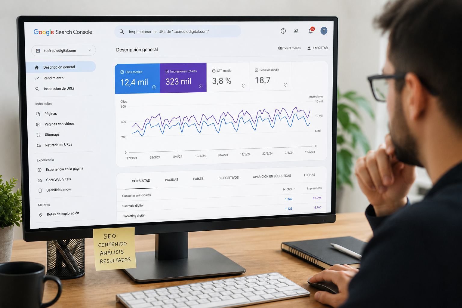 Persona analizando métricas SEO en pantalla con Google Search Console para mejorar el posicionamiento web y el tráfico orgánico.