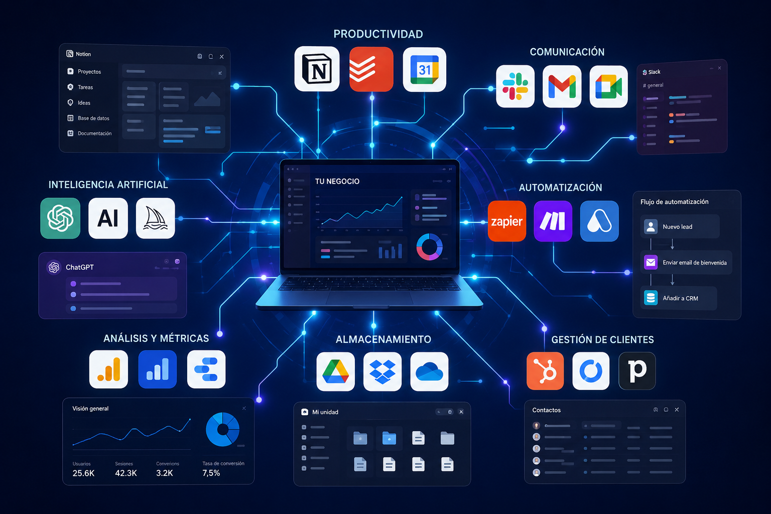 Ecosistema de herramientas digitales para emprendedores: productividad, IA, automatización y comunicación
