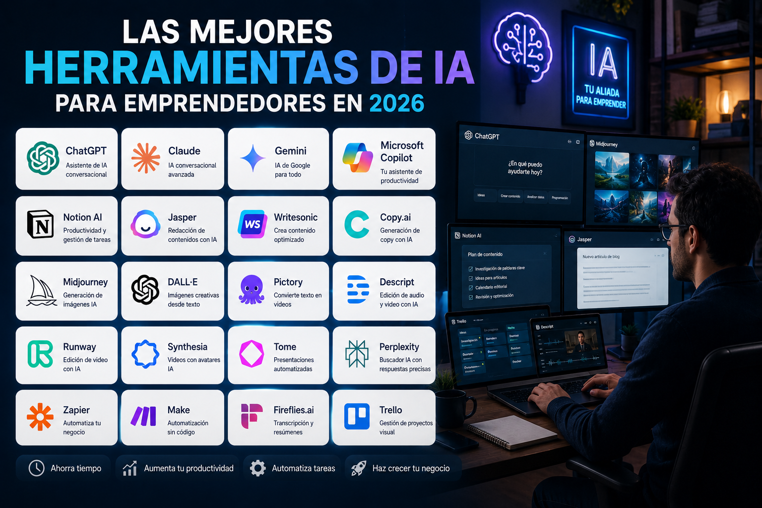 Emprendedor utilizando diversas herramientas de inteligencia artificial para productividad y automatización.