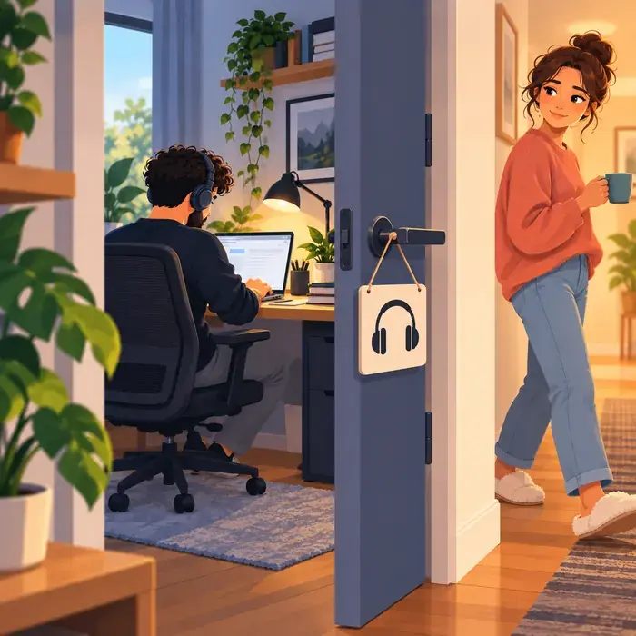 Puerta con una señal de auriculares que indica a los demás que la persona que trabaja dentro no quiere interrupciones