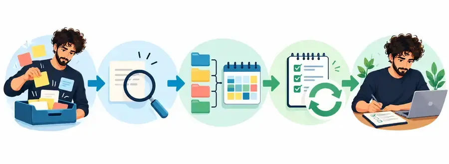Diagrama de los cinco pasos del método GTD: capturar, clarificar, organizar, revisar y actuar
