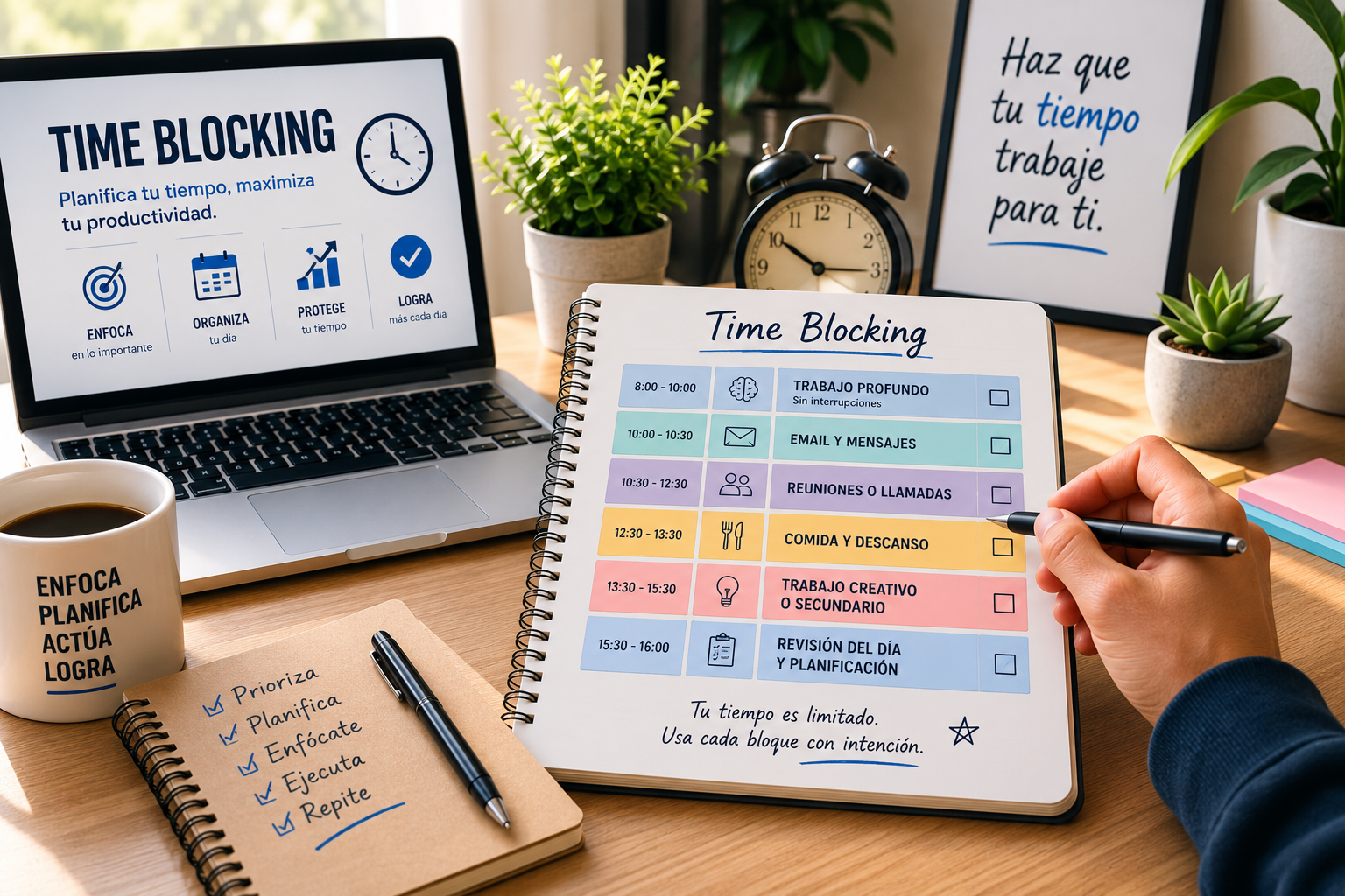 Ejemplo de Time Blocking con bloques de tiempo organizados para mejorar la productividad diaria.