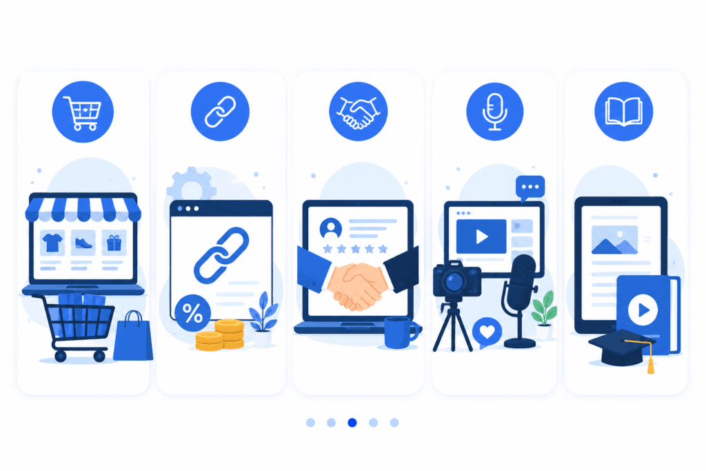 Infografía con los cinco modelos de negocio online más rentables: ecommerce, afiliados, servicios digitales, contenido y productos digitales