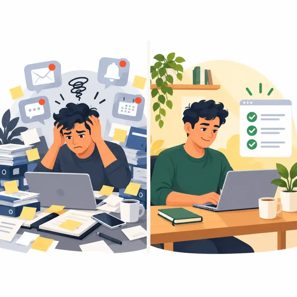 Ilustración que compara a una persona desbordada por tareas y notificaciones con la misma persona trabajando concentrada en sus prioridades
