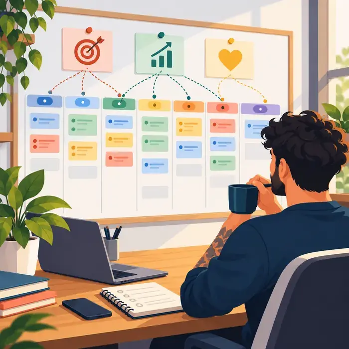 Persona revisando un tablero semanal que conecta sus objetivos con las tareas de cada día