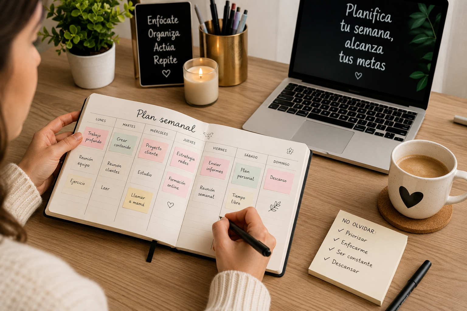 Persona organizando su semana con una agenda, café y escritorio ordenado para mejorar la productividad, gestionar mejor el tiempo y crear hábitos más eficientes en 2026.