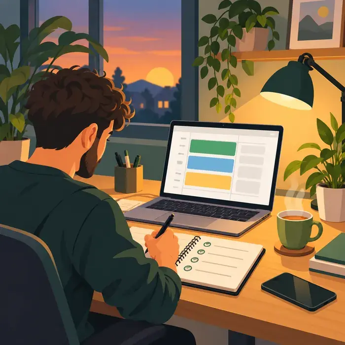 Persona planificando sus prioridades en una libreta junto a un calendario digital con bloques de tiempo y huecos libres para imprevistos