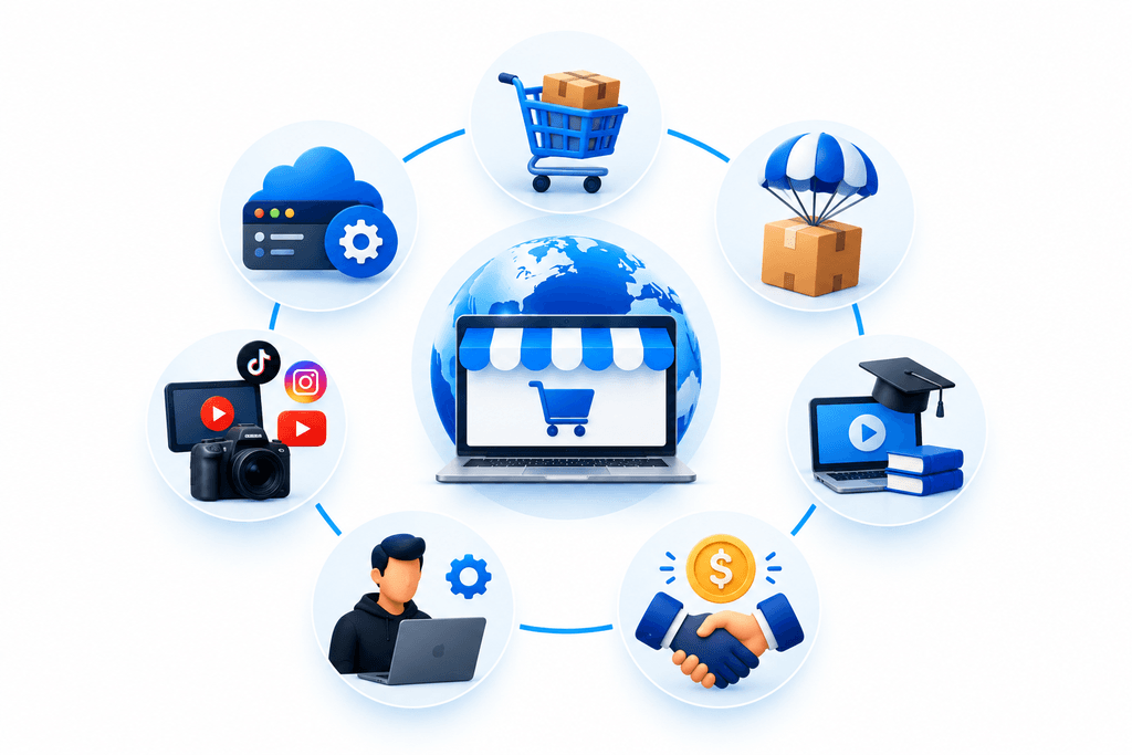 Infografía que representa los principales modelos de negocio online: tienda online, dropshipping, infoproductos, afiliación, servicios freelance, creación de contenido y SaaS.