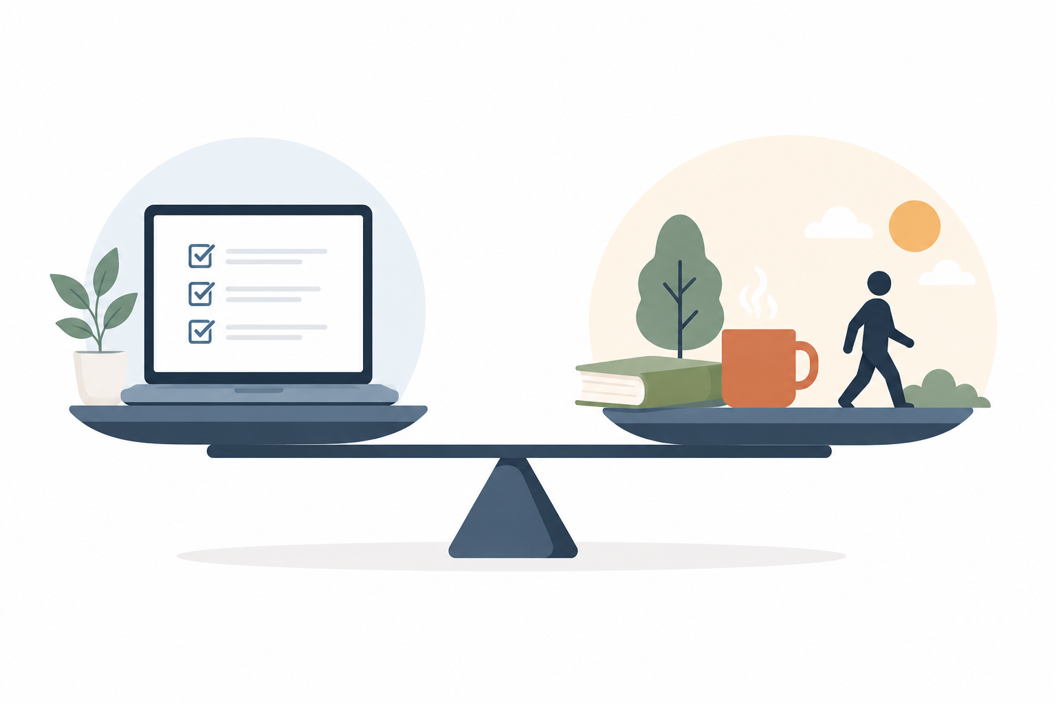 Ilustración de equilibrio entre trabajo organizado y tiempo libre representando productividad sostenible
