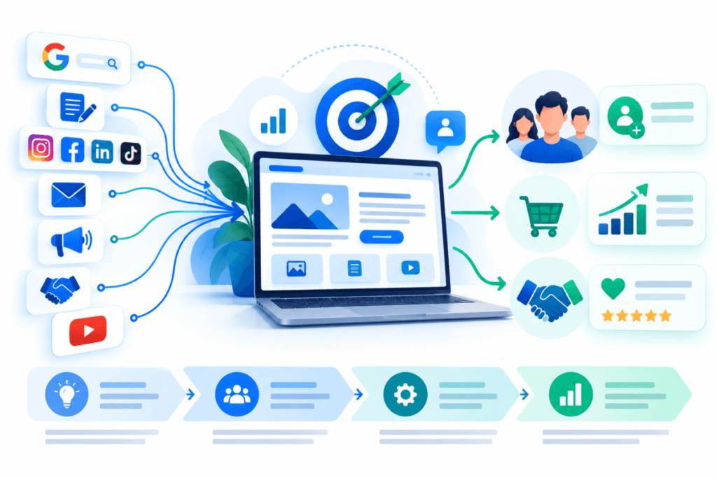 Ilustración de una estrategia de marketing digital que conecta distintos canales online con una marca, su público objetivo y resultados de crecimiento.