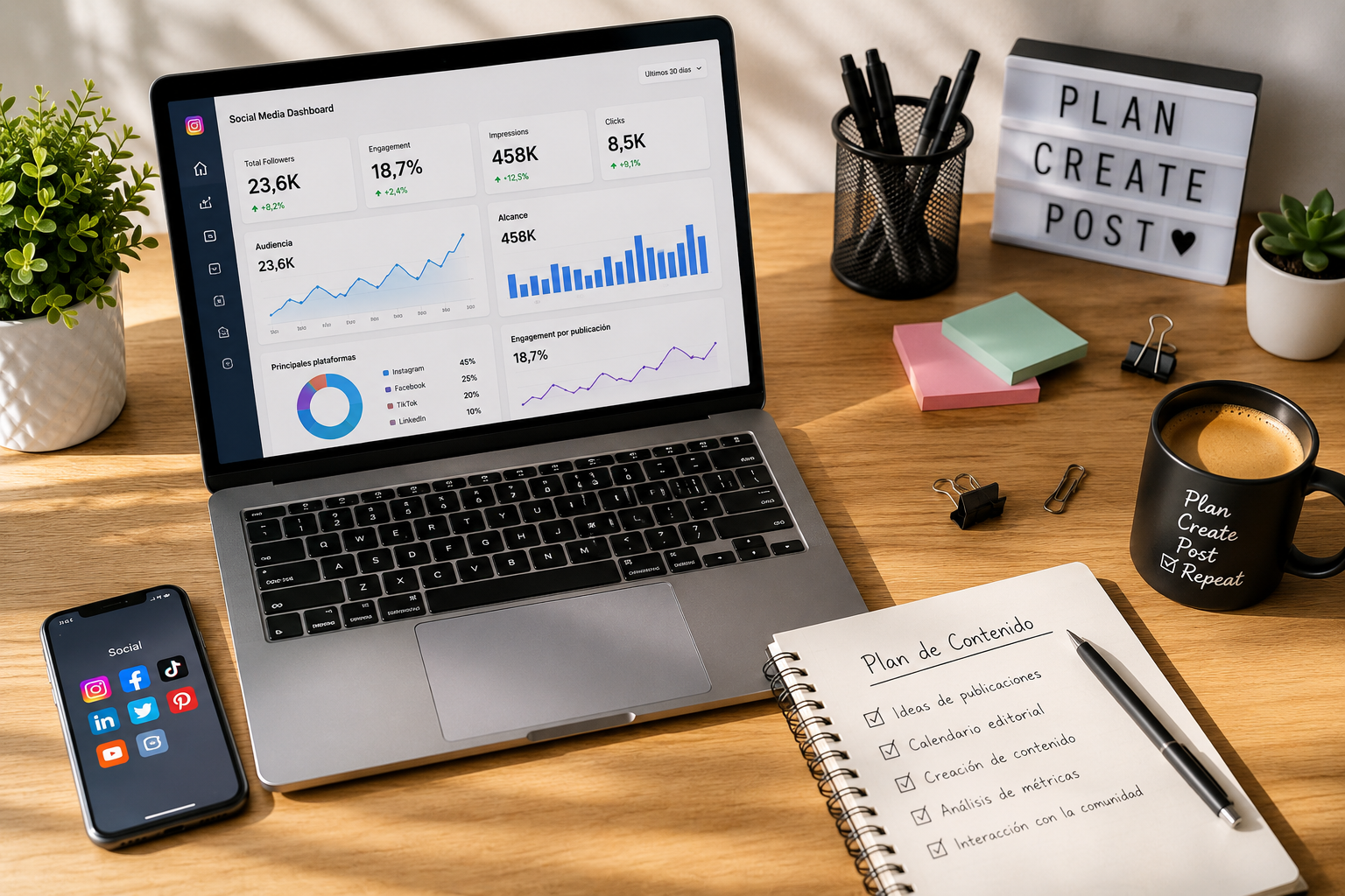 Espacio de trabajo de un Community Manager con laptop mostrando métricas de redes sociales