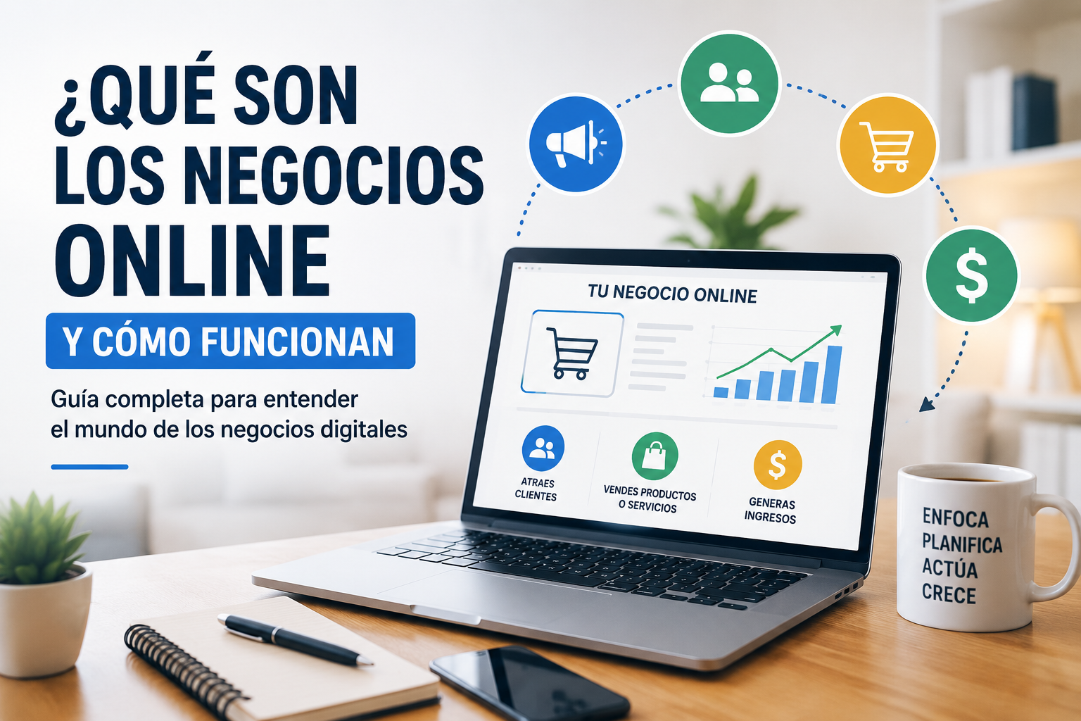 Ordenador portátil mostrando un negocio online con gráficos de crecimiento, clientes e ingresos digitales.