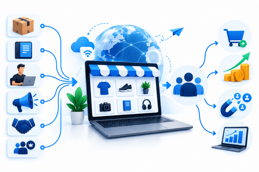 Infografía que representa cómo funciona un negocio online, desde la creación de una oferta digital y la captación de clientes hasta las ventas y el crecimiento.
