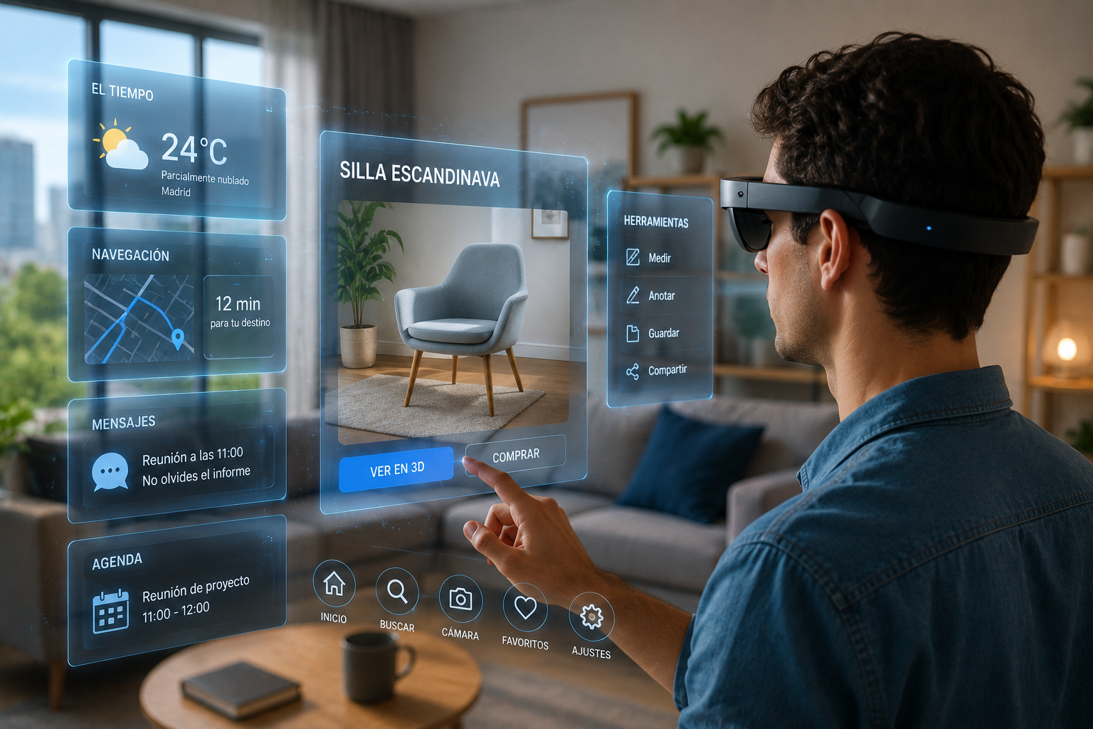 Persona utilizando gafas de realidad aumentada para interactuar con información digital en tiempo real.
