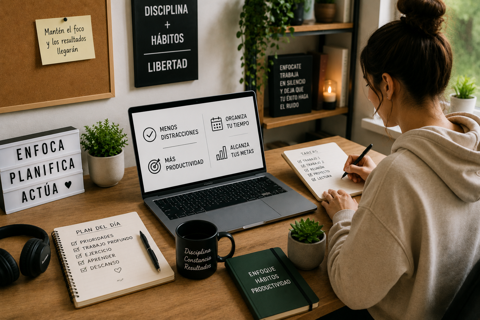 Persona trabajando desde casa de forma organizada y productiva en un espacio de trabajo moderno.