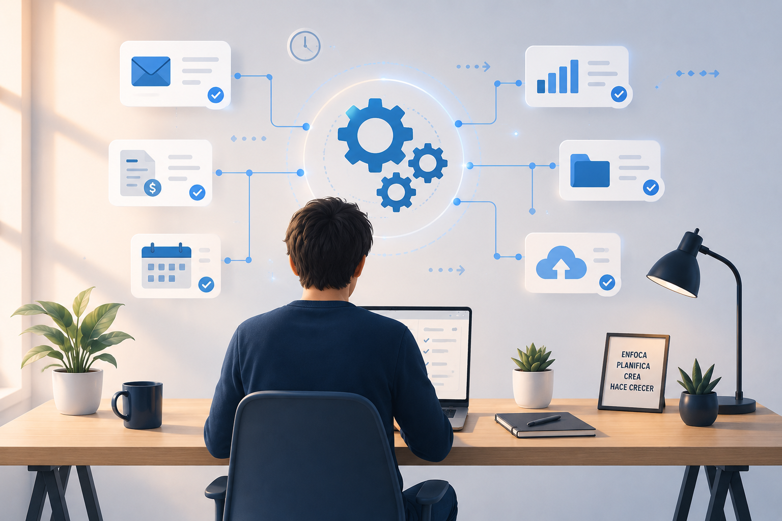 Emprendedor trabajando en tareas estratégicas mientras su sistema de automatización gestiona los procesos repetitivos