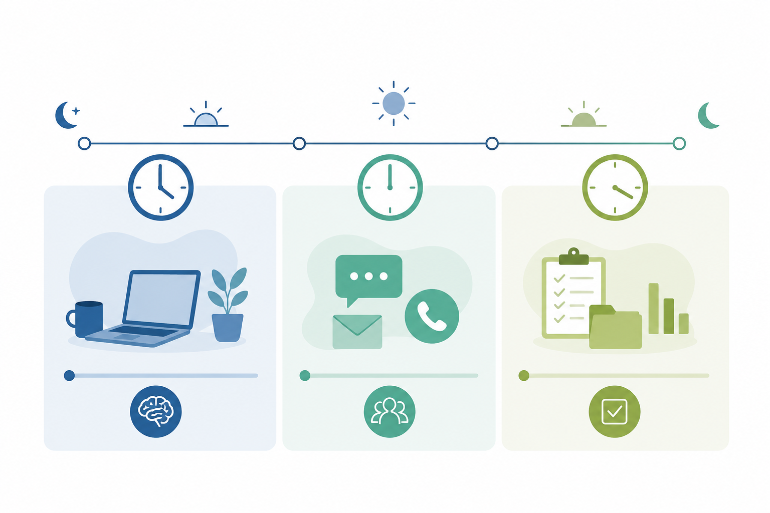 Ilustración de un sistema de bloques de tiempo para organizar el día: trabajo profundo, comunicación y tareas secundarias