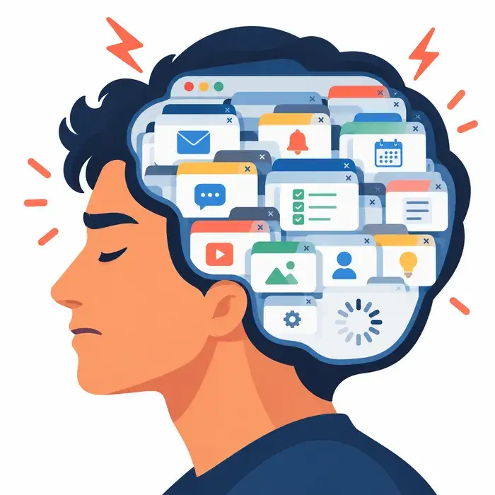 Ilustración de una cabeza con un navegador lleno de pestañas abiertas que representa la sobrecarga mental de tareas pendientes