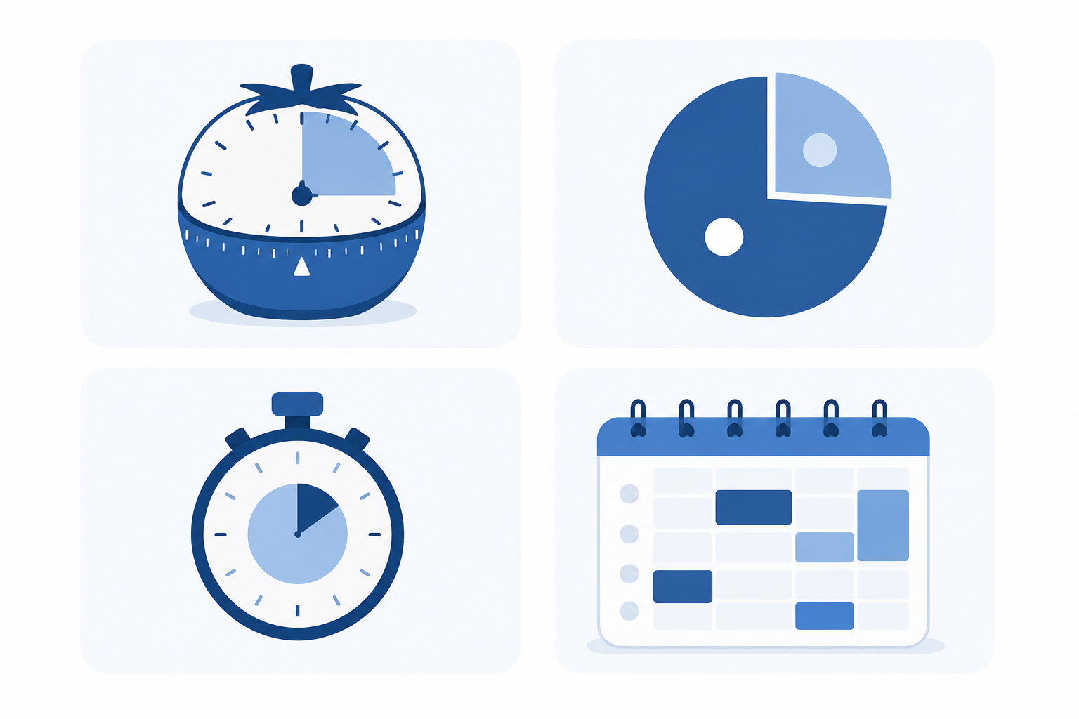 Ilustración con las cuatro técnicas de productividad más efectivas: Pomodoro, regla 80/20, regla de los dos minutos y time blocking