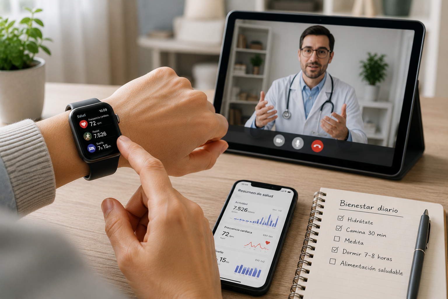 Smartwatch de salud y consulta médica por videollamada mediante telemedicina.