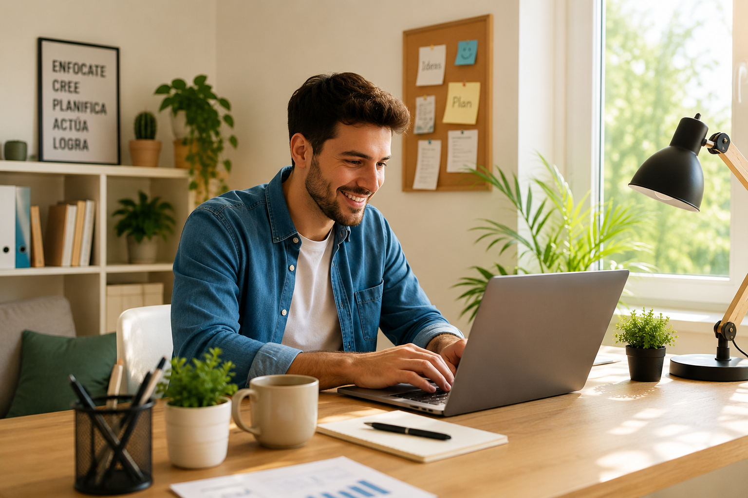 Persona trabajando desde casa con ordenador portátil en una oficina luminosa y moderna.