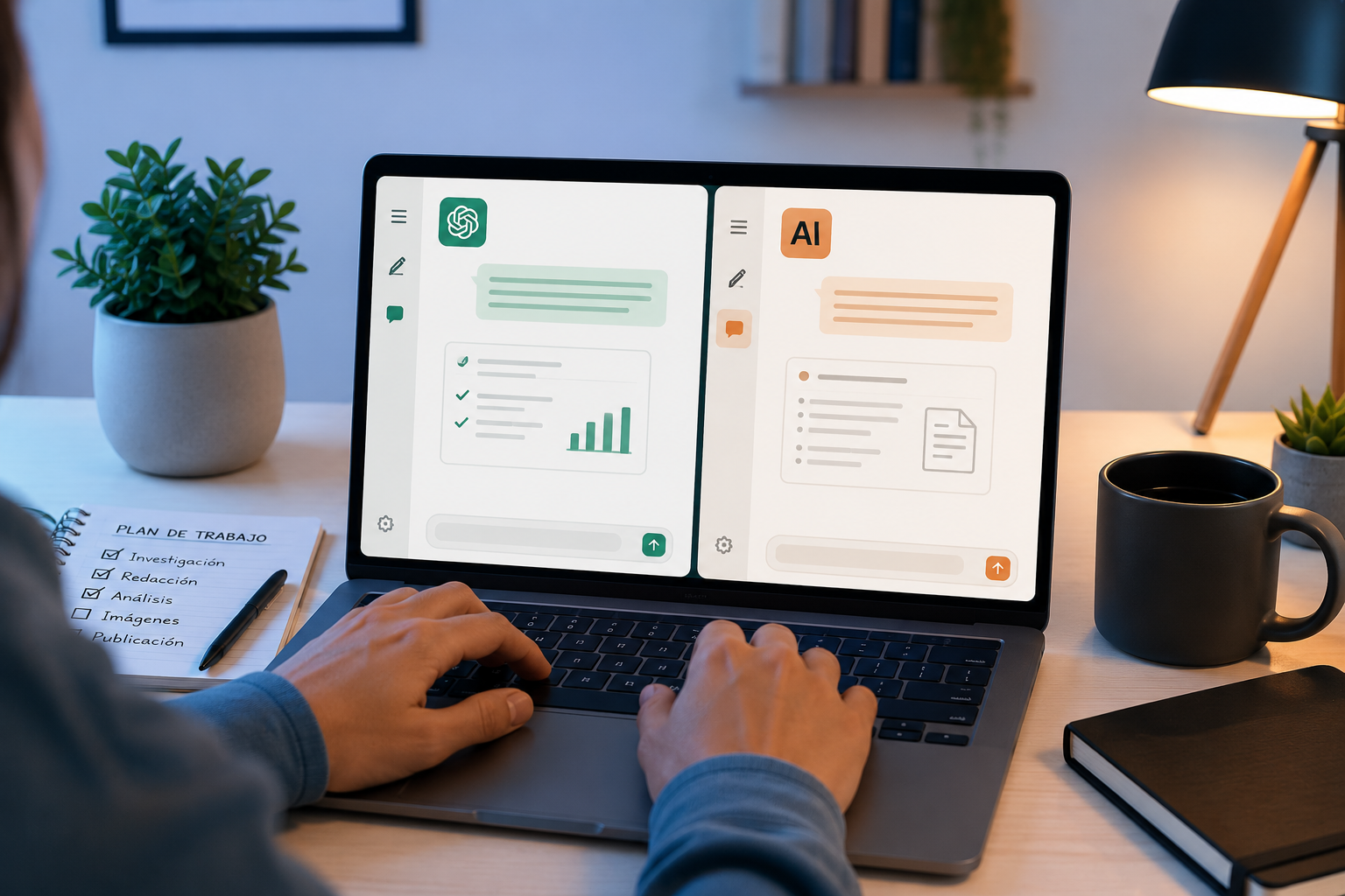 Persona usando ChatGPT y Claude de forma complementaria para distintos tipos de trabajo