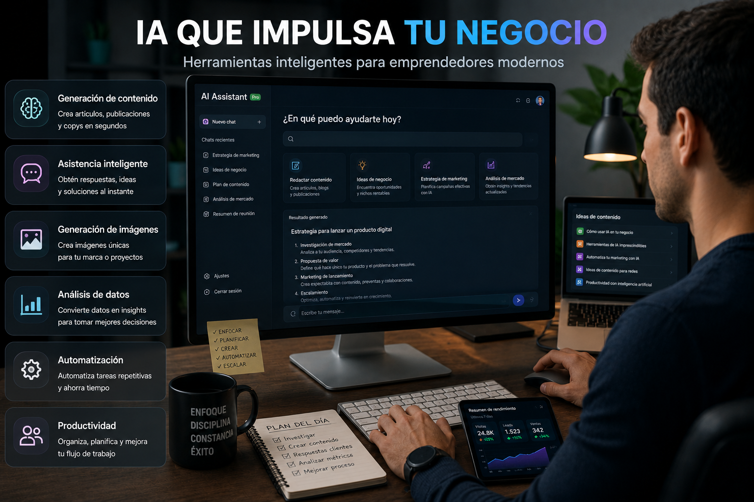 Persona utilizando una herramienta de inteligencia artificial en un escritorio moderno para crear contenido y automatizar tareas.