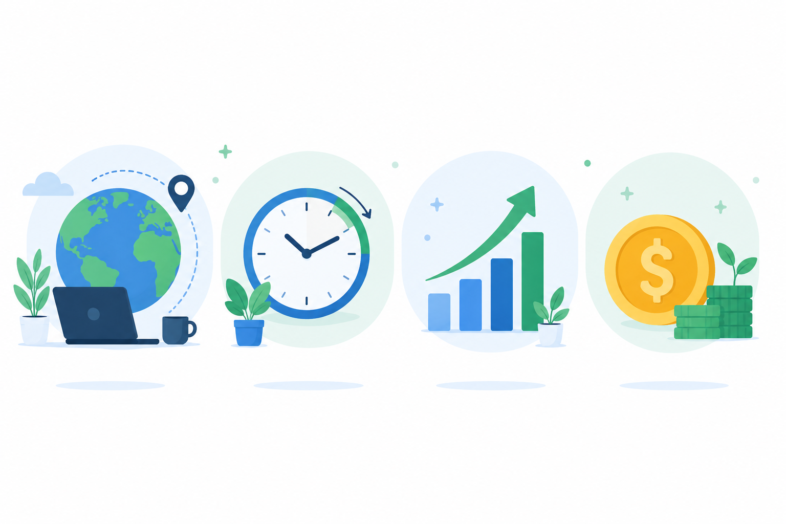 Ilustración de las principales ventajas de un negocio online: flexibilidad, trabajo remoto, escalabilidad e inversión baja