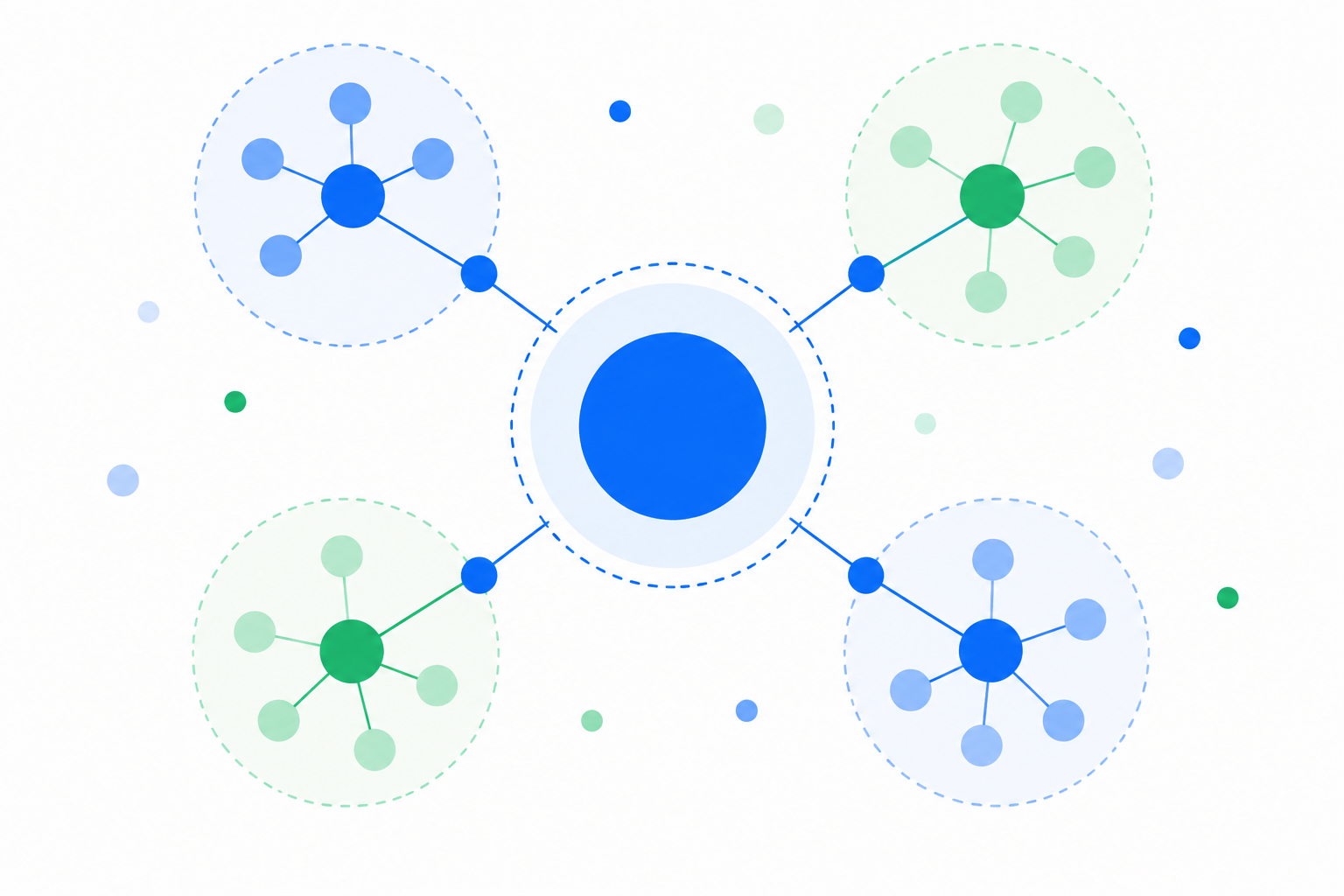 Ilustración flat design de palabras clave organizadas en clusters temáticos conectados a un tema principal para mejorar la estructura SEO.